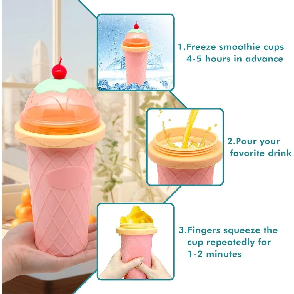 Slushie Cup, Smoothie Cups with Lids & Straws, Slushy Cup for Juices, Milk and I